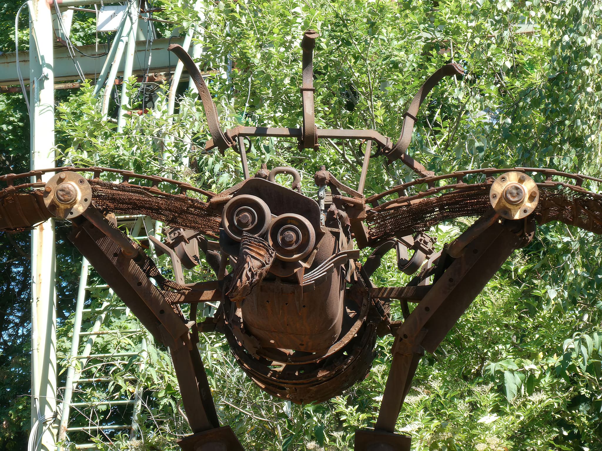 Detailaufnahme des Vogelkopfes mit industriellen Fundstücken