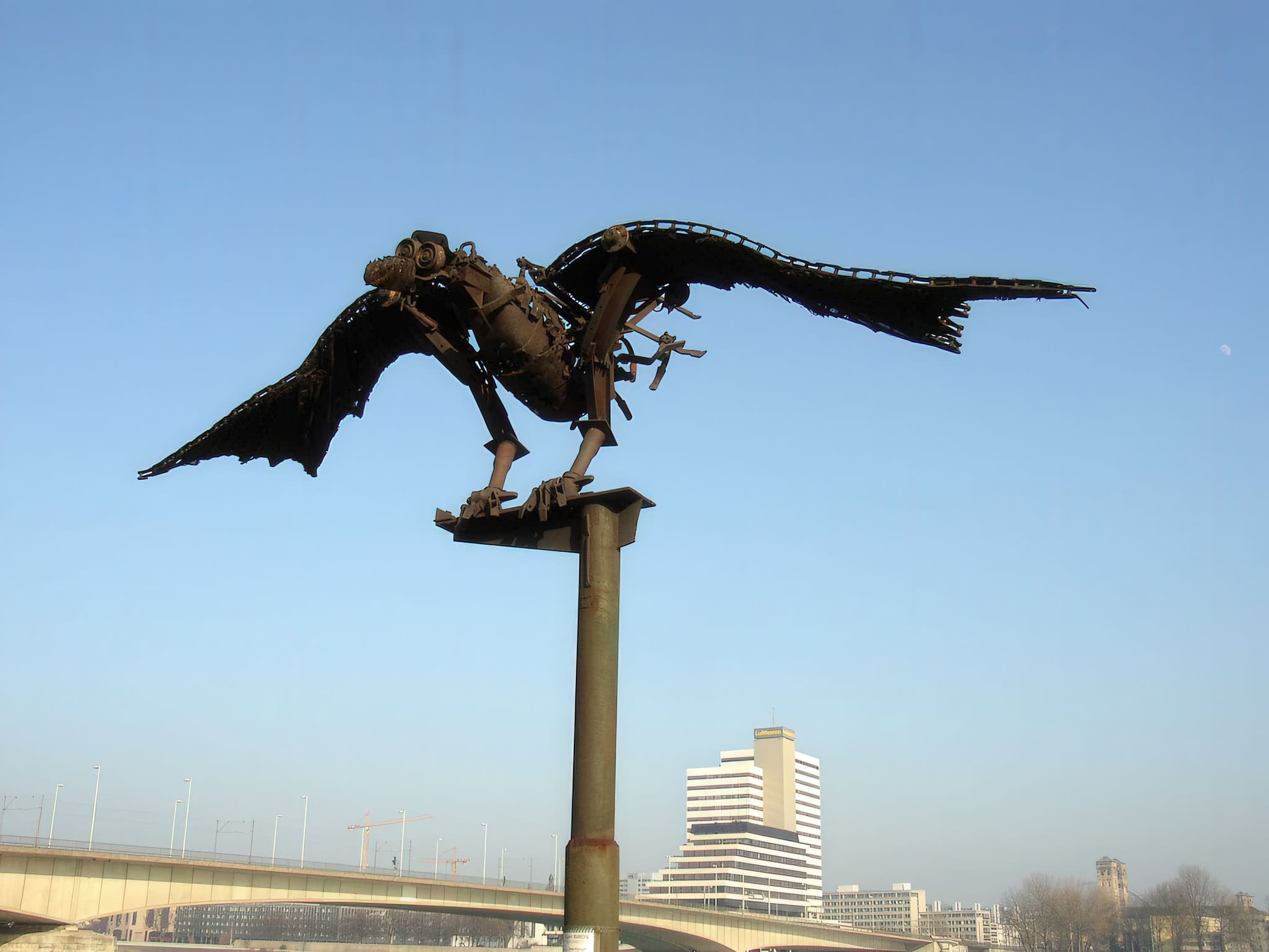 Solarvogel mit Kölner Stadtsilhouette und blauem Himmel